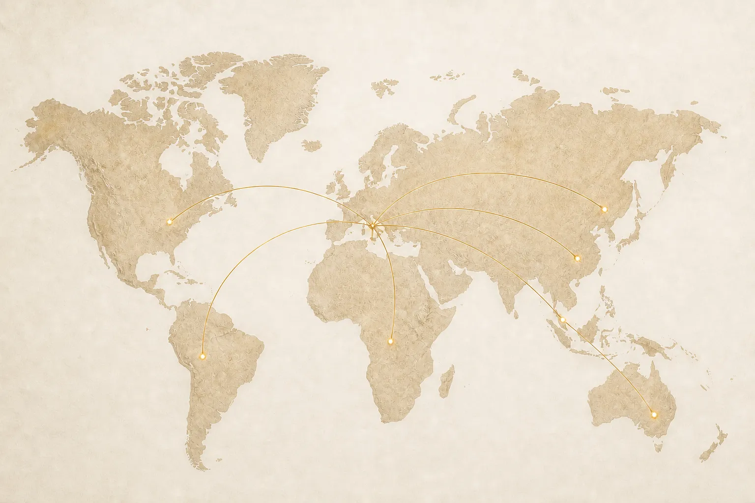 Mapa mundial editorial con conexiones que parten de Europa hacia distintos continentes.