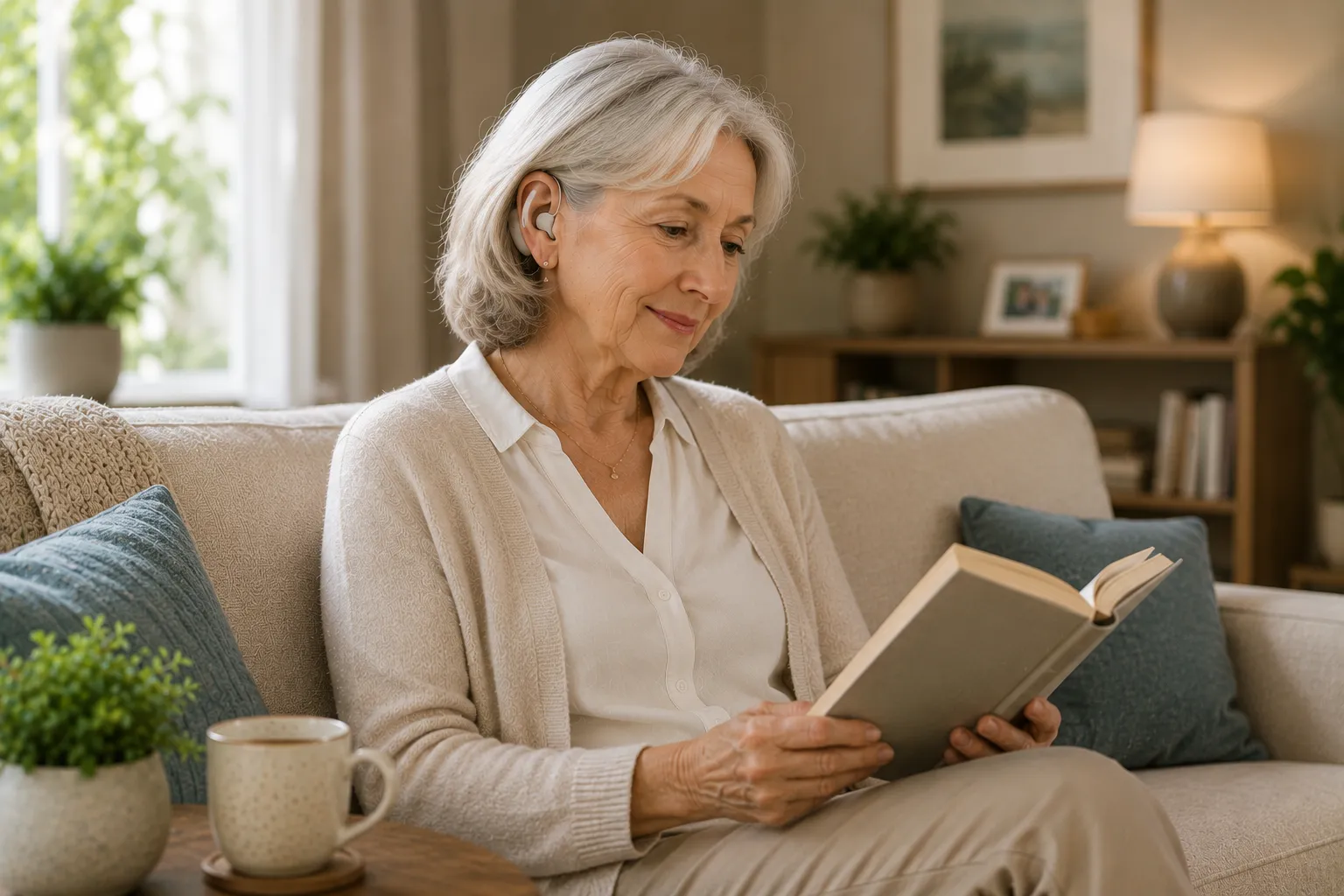 Mujer disfrutando de un momento de lectura en un ambiente tranquilo y acogedor.