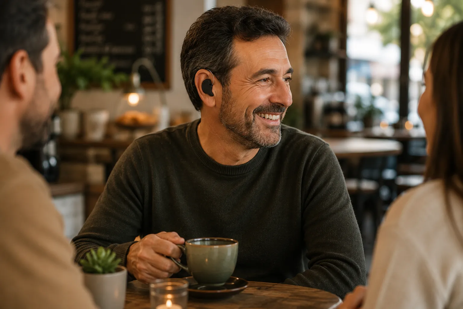 Hombre conversando en un ambiente cercano y acogedor.