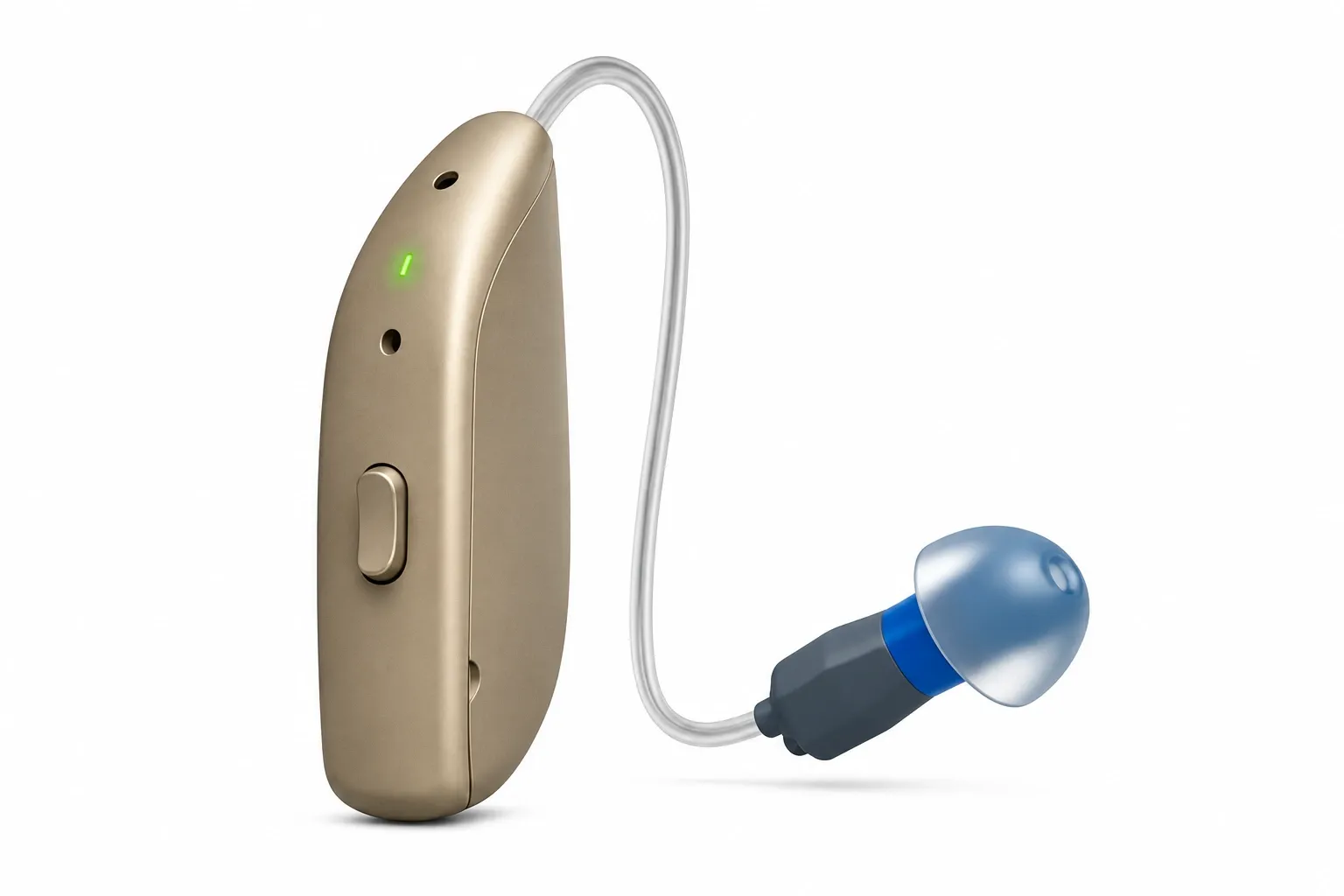 Audífono retroauricular beige con tubo transparente.