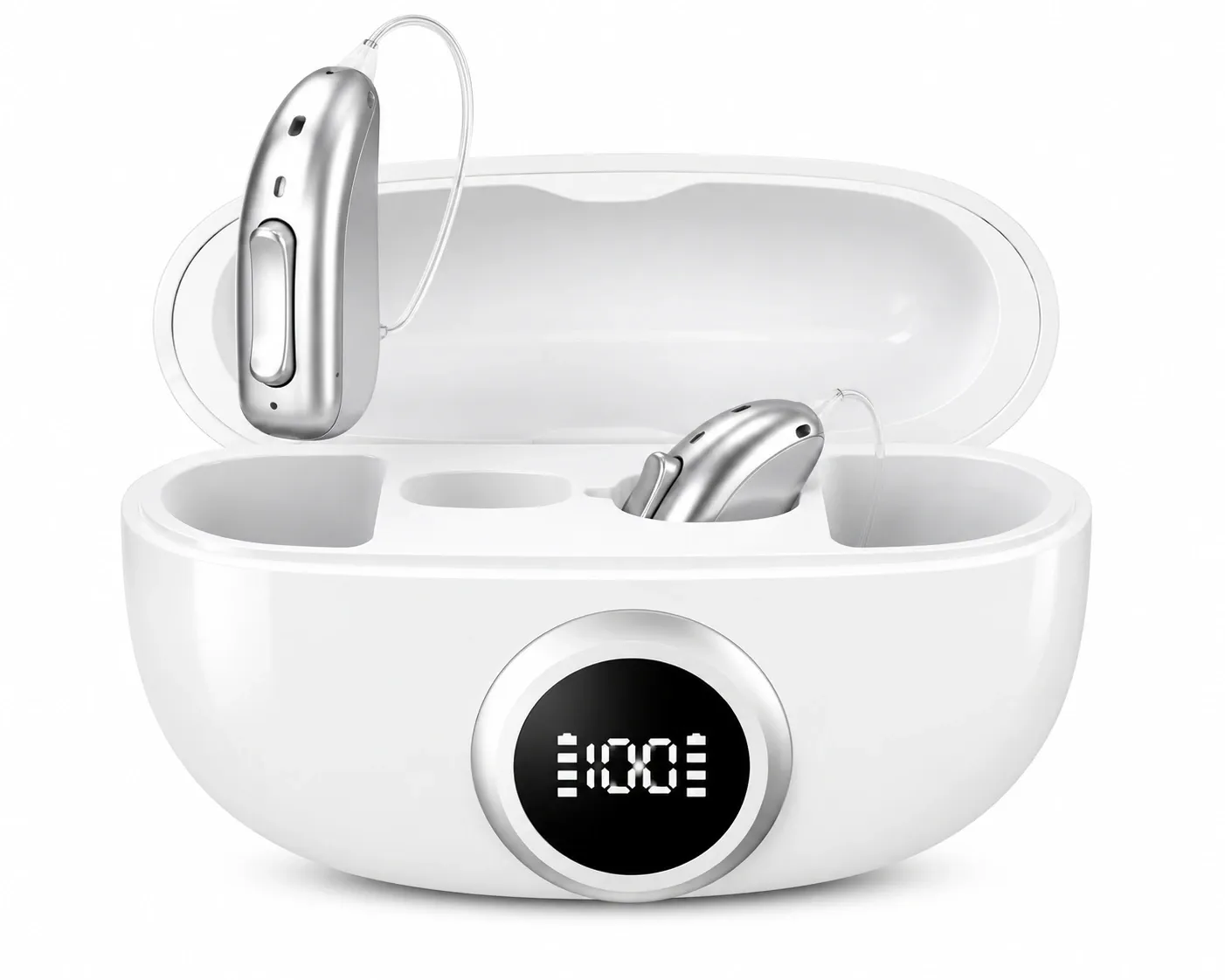 Dos audífonos retroauriculares con estuche de carga blanco.